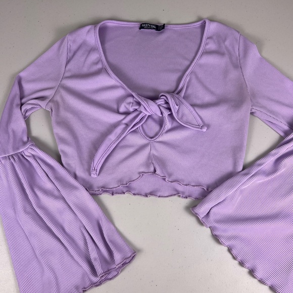 Nasty Gal lilac lavender ribbed tie-front bell-sleeve crop top lettuce edges - Picture 12 of 12